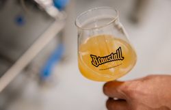 Glas mit hellem Bier und Braustall-Logo.