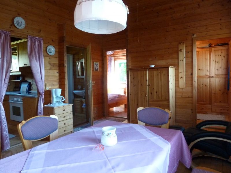 Innenansicht eines gemütlichen Ferienhauses mit Holzwänden, Esstisch und Küchenbereich.