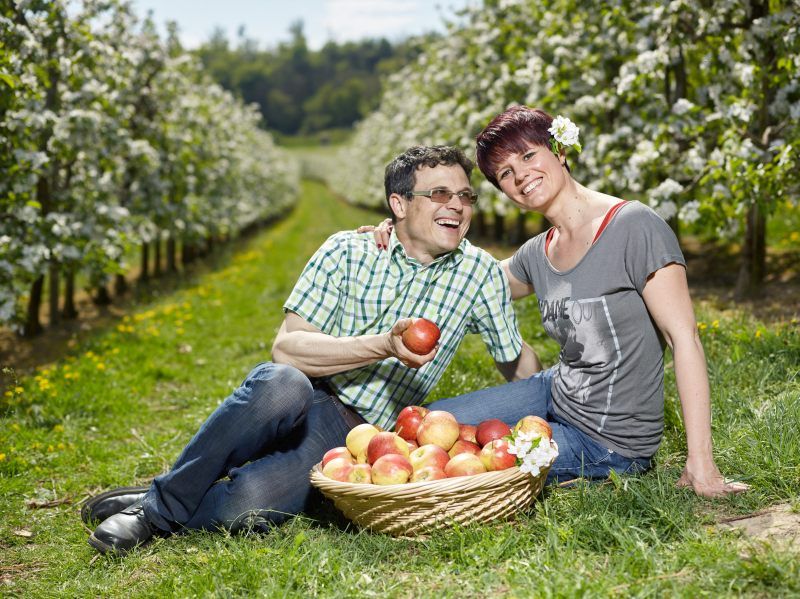 Ein Paar sitzt lächelnd auf einer Wiese in einem Obstgarten mit einem Korb voller Äpfel.