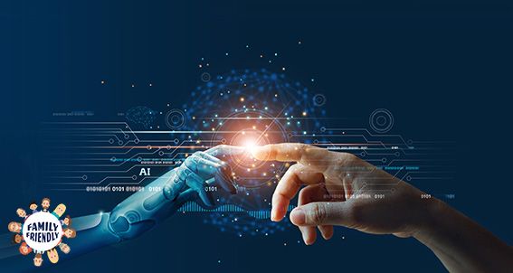 KI, maschinelles Lernen, eine Menschenhand und eine Roboterhand, die sich auf dem Hintergrund von Bi