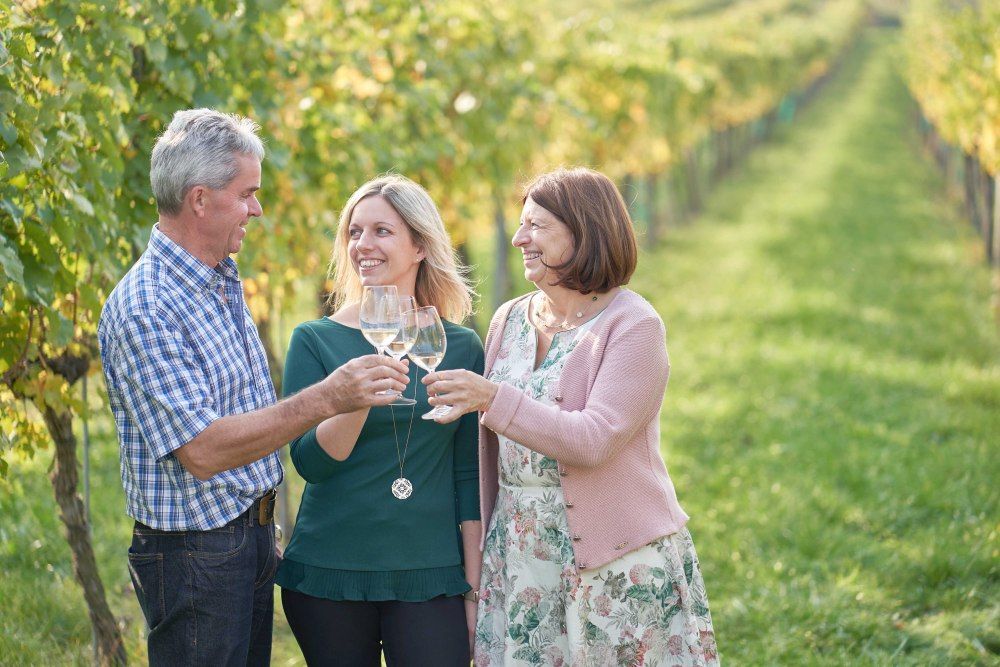 Drei Personen stoßen mit Weingläsern in einem Weinberg an.