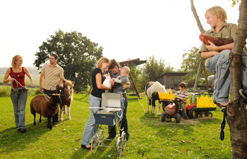 Familie auf einem Bauernhof mit Tieren und Spielzeugtraktoren.