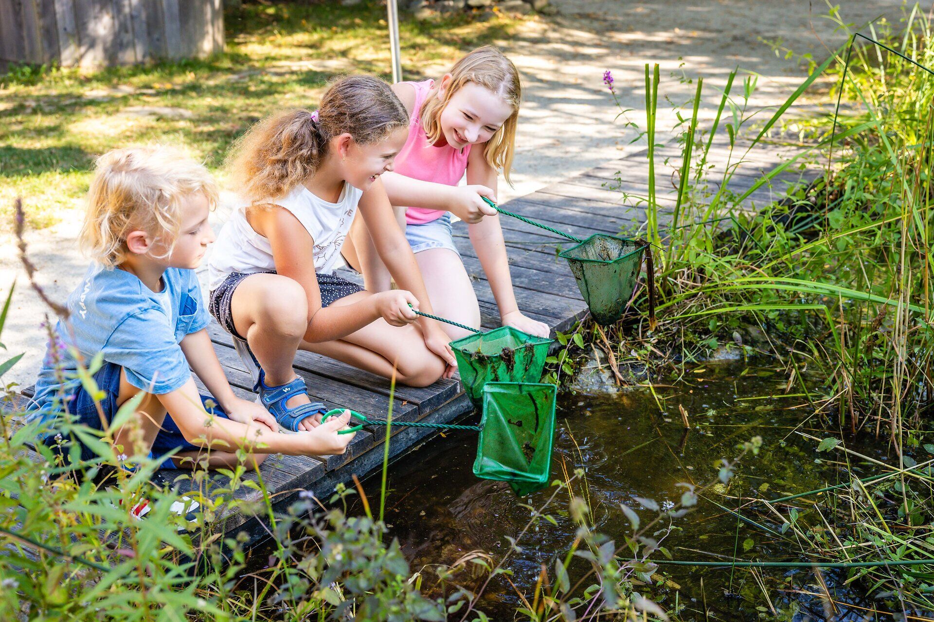 Familienfreundliches Top Ausflugsziel GARTEN TULLN. Drei Kinder holen mit kleinen Keschern Insekten aus dem Wasser. Alle sind fröhlich, haben gemeinsam Spaß an diesem sonnigen Tag.
