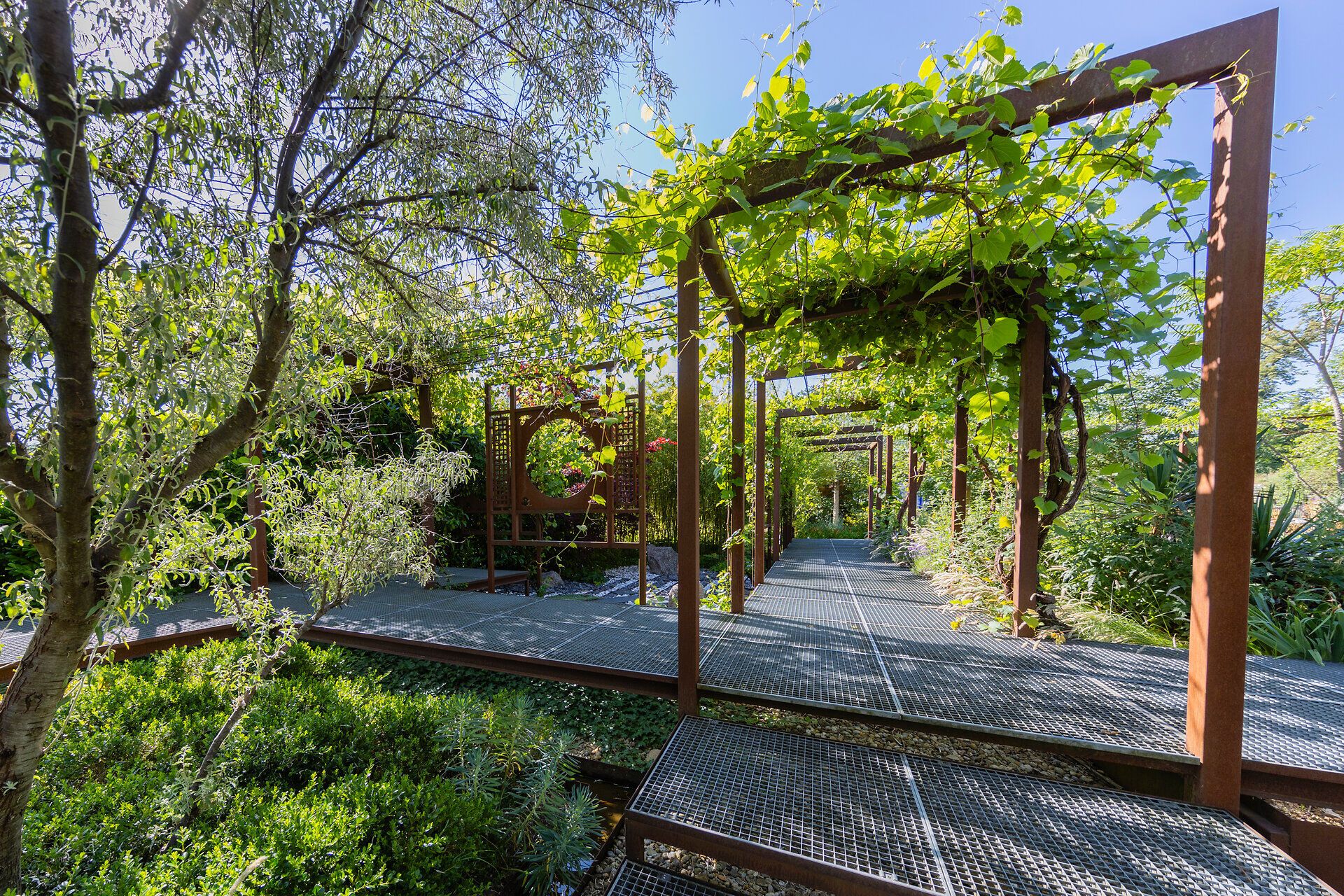 Top Ausflugsziel GARTEN TULLN. Überwachsener Bogen zum Durchgehen führt entlang des Weges. Viele grüne Büsche im Hintergrund, strahlend blauer Himmel und Sonnenschein.