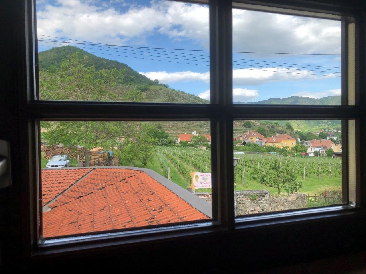Blick aus einem Fenster auf eine ländliche Landschaft mit Weinbergen, Häusern und einem Hügel im Hintergrund.
