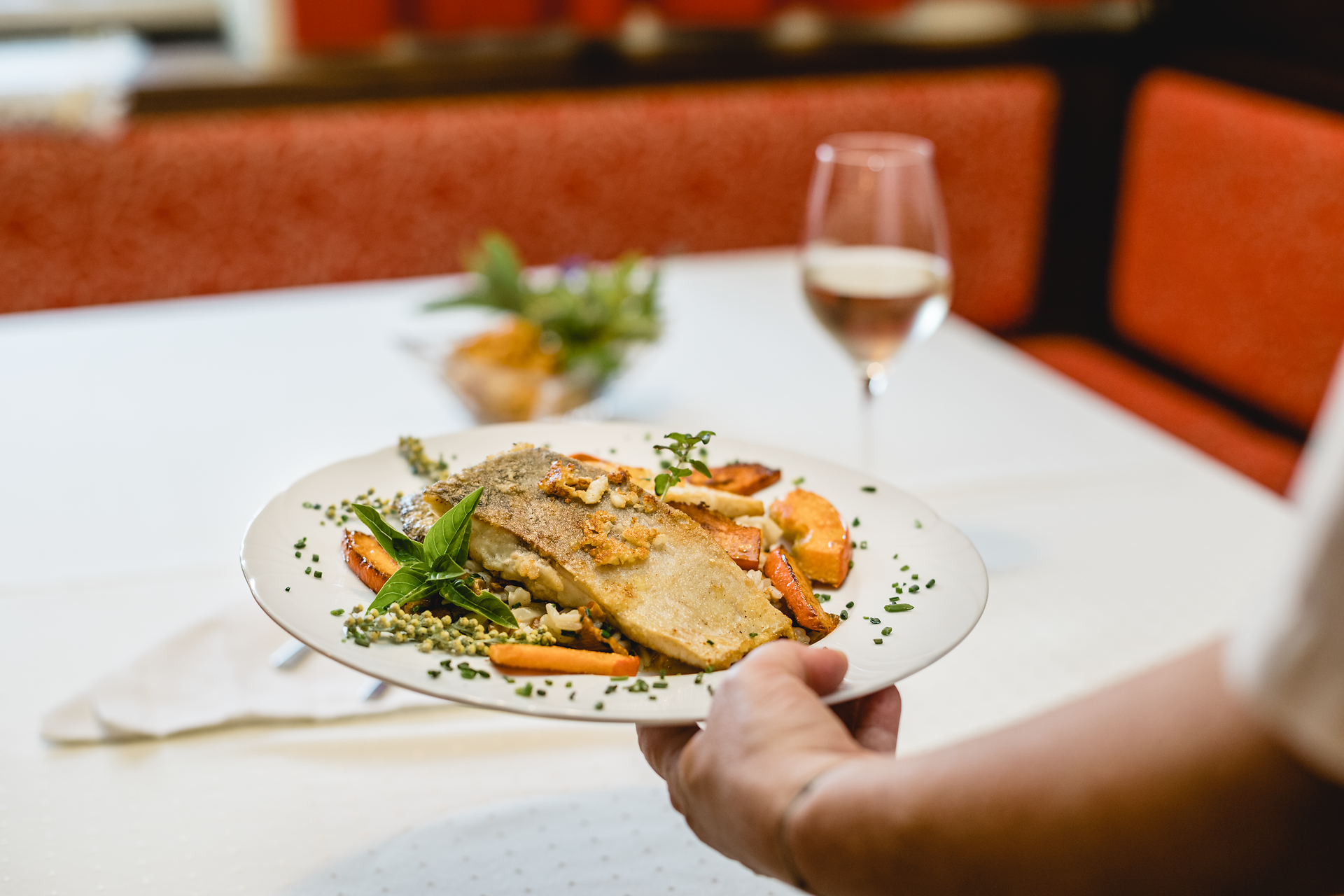 Ein köstliches Karpfenfilet, perfekt zubereitet und begleitet von Eierschwammerlrisotto und gebratenem Kürbis, lädt zu einem genussvollen Erlebnis ein. Die harmonische Kombination der Aromen verspricht ein Fest für die Sinne, während der Blick auf die Donau eine malerische Kulisse bietet.