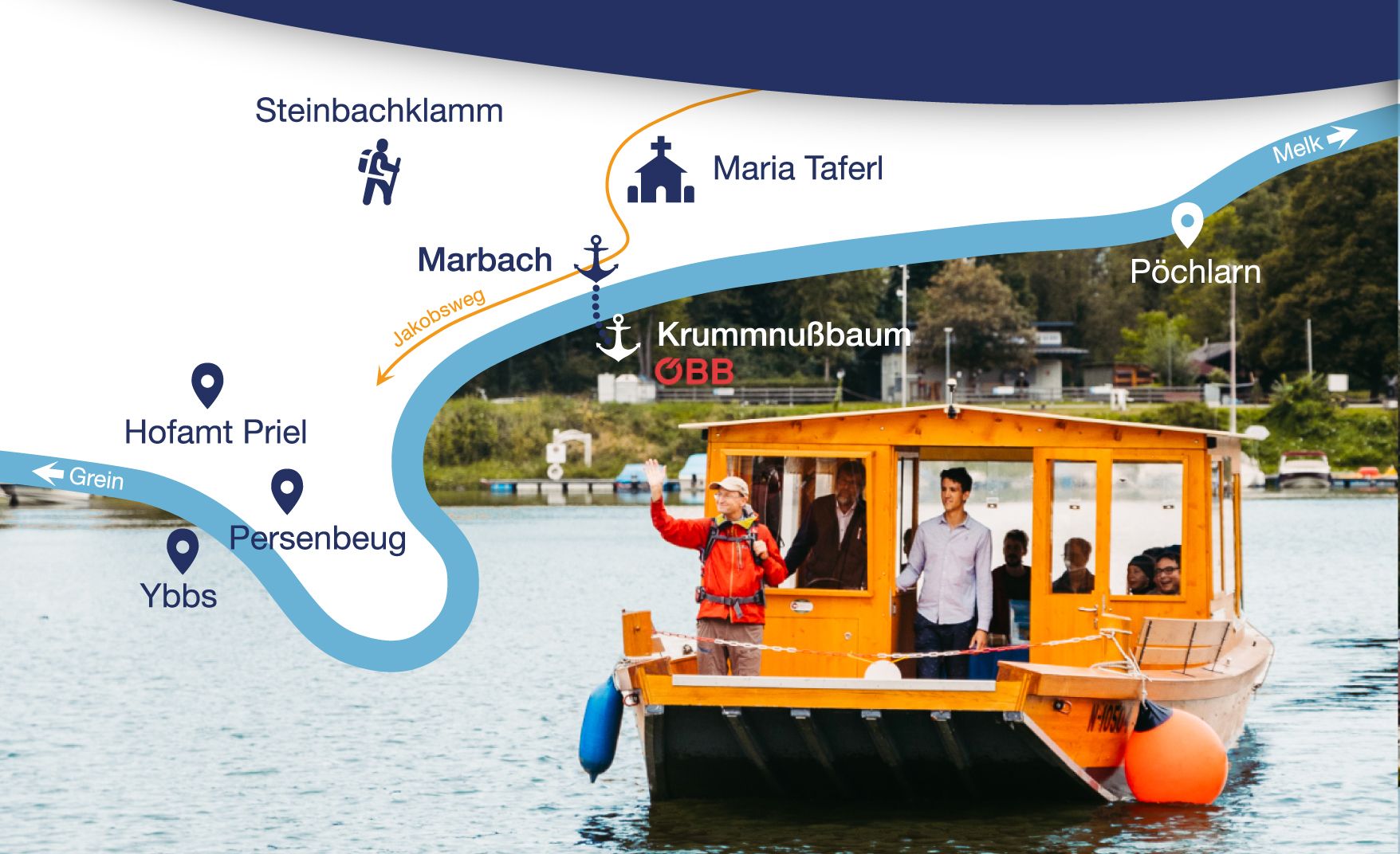 Eine Zille auf einem Fluss mit einer Übersichtskarte der Umgebung.