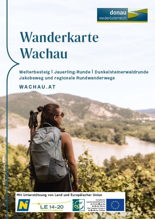 Eine Frau steht auf einem Weinberg in der Wachau und blickt Richtung Donau.