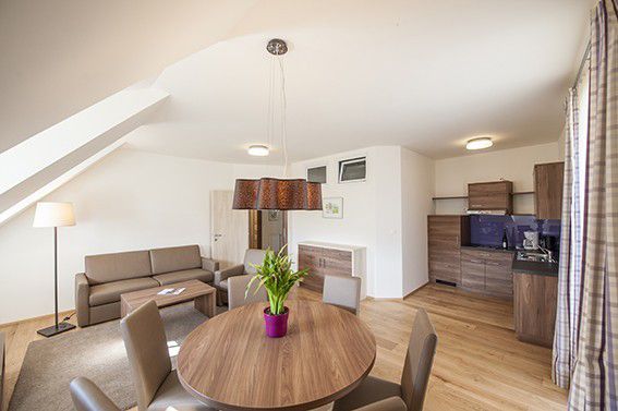 Modernes Wohnzimmer mit Esstisch, Sofa und Küchenzeile.