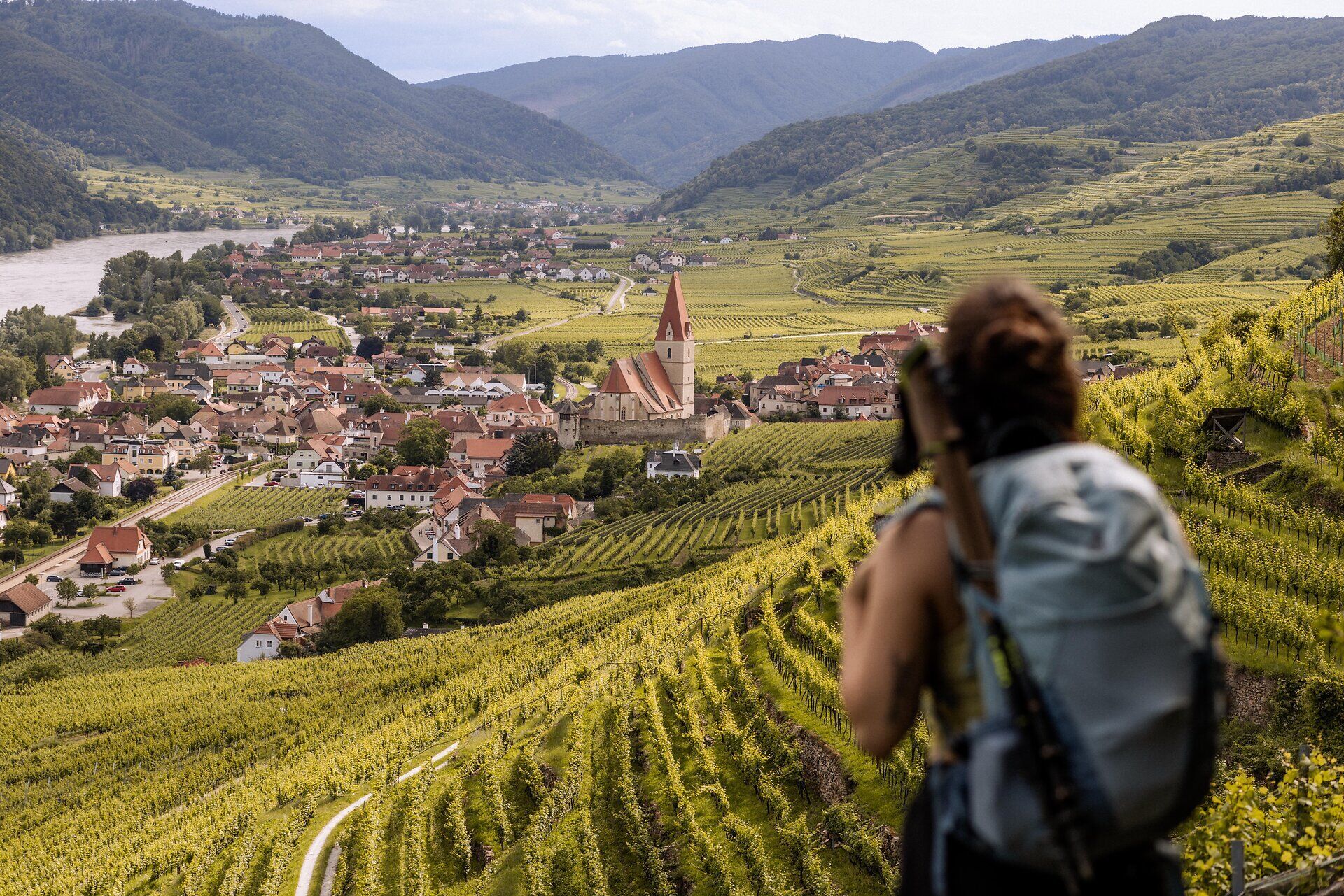 Eine Wanderin mit Rucksack schaut auf Weißenkirchen.
