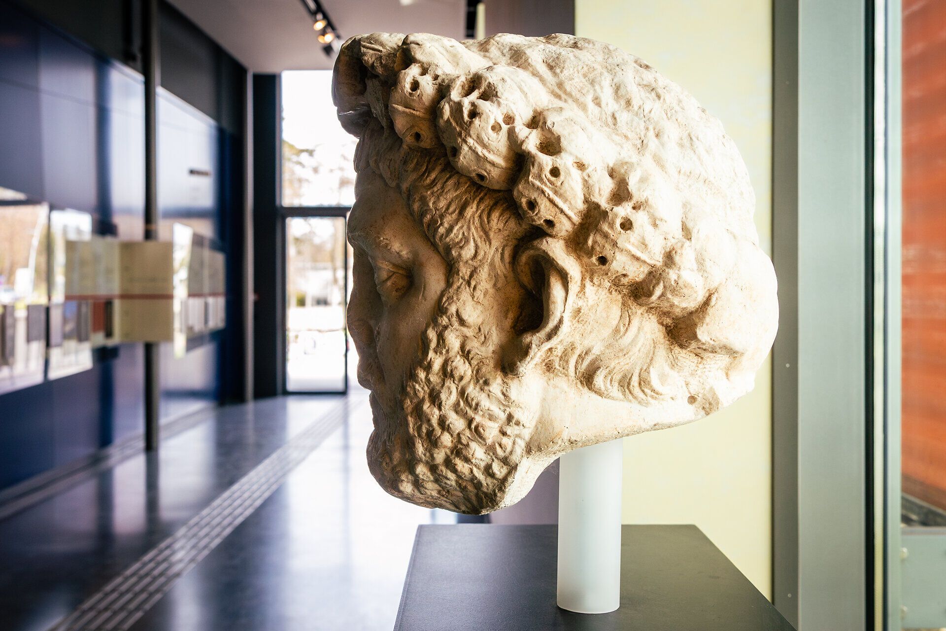 Römische Steinskulptur eines Kopfes im Eingangsbereich der Römerstadt Carnuntum.