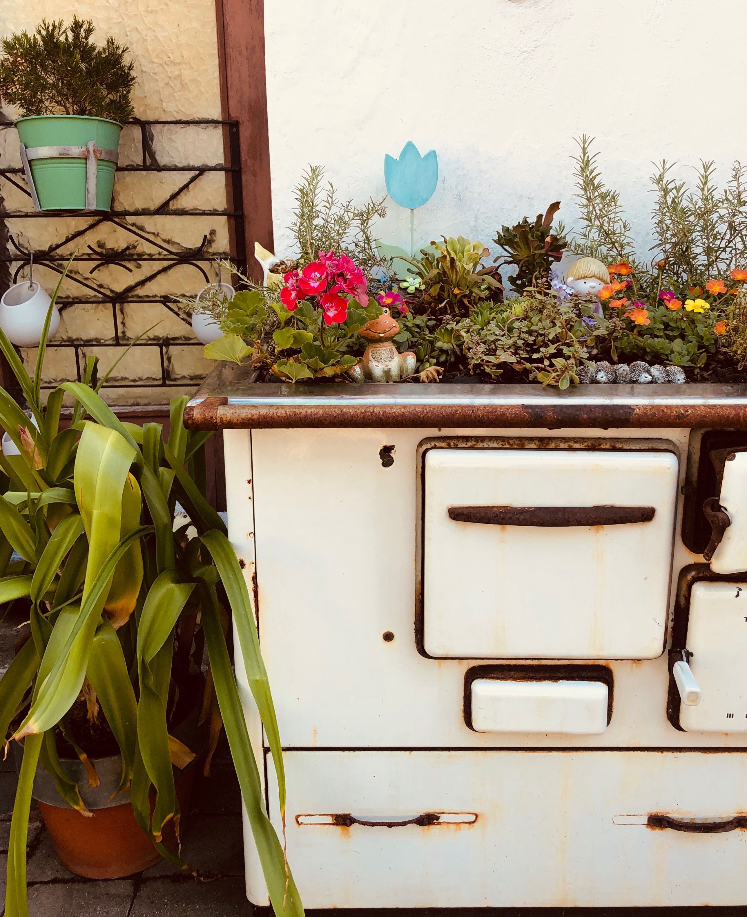 Alter Herd mit Blumen und Pflanzen dekoriert.