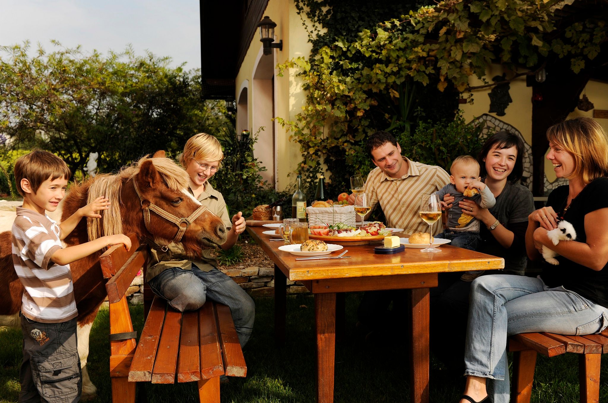Familie sitzt im Garten an einem Tisch mit Essen, ein Kind streichelt ein Pony, ein Baby wird gehalten, eine Frau hält ein Kaninchen.