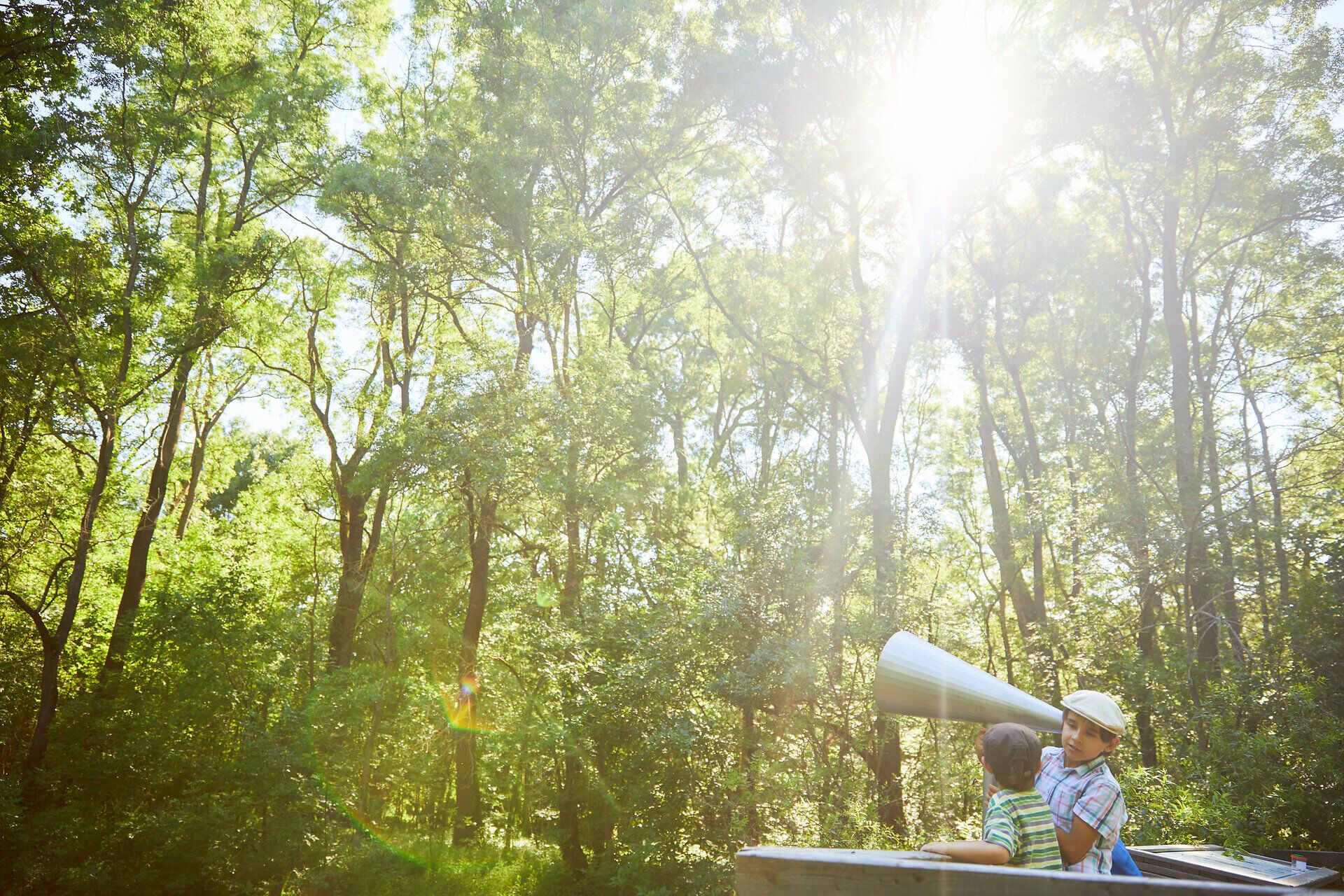 Inmitten der üppigen Natur strahlen die Sonnenstrahlen durch die Bäume und schaffen eine magische Atmosphäre. Zwei Kinder genießen den Moment, während sie mit einem Trichter spielen, der ihre Stimmen verstärkt und die Freude des Augenblicks einfängt. Diese idyllische Kulisse lädt Familien ein, die Schönheit der Umgebung zu entdecken und unvergessliche Erinnerungen zu schaffen.