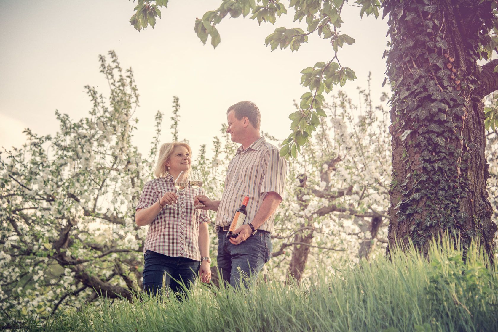 Ein Paar steht in einem blühenden Obstgarten und stößt mit Weingläsern an, während der Mann eine Weinflasche hält.