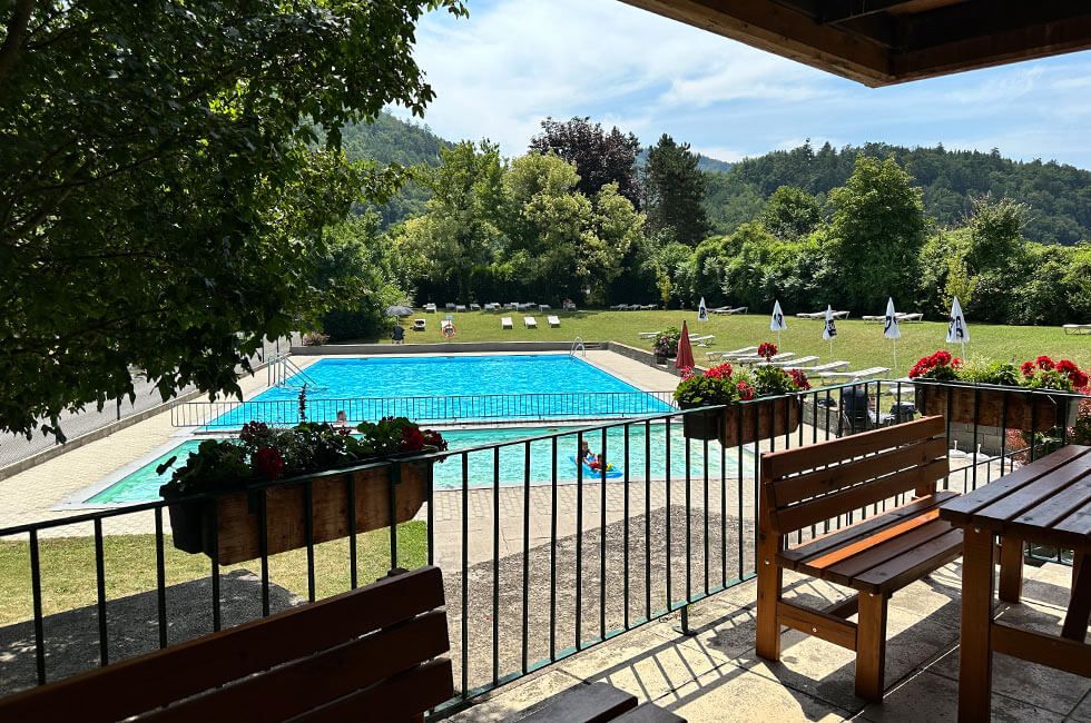 Schwimmbecken mit Wasser und Wiese herum